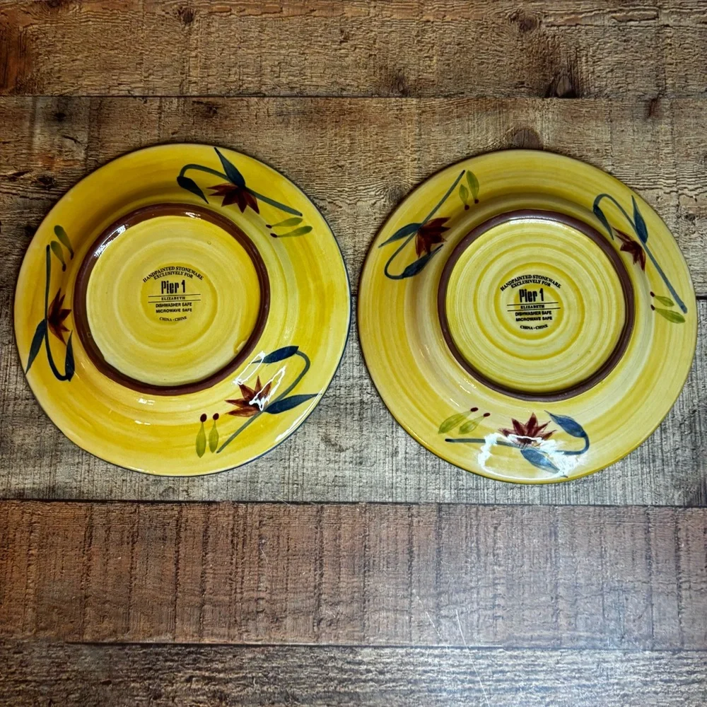 2- Pier 1 One Elizabeth Hand Painted Floral Stoneware Salad Plates 8”